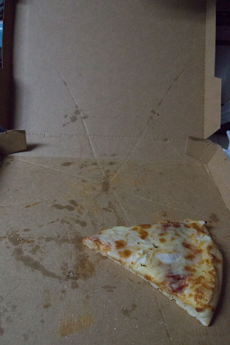 May 19, 2015:  What's left of dinner could be a midnight snack or breakfast.  Something about eating cold pizza makes me feel like a kid.  I should eat it more often.  Still...life.