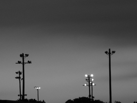 Little league light poles at dusk.
