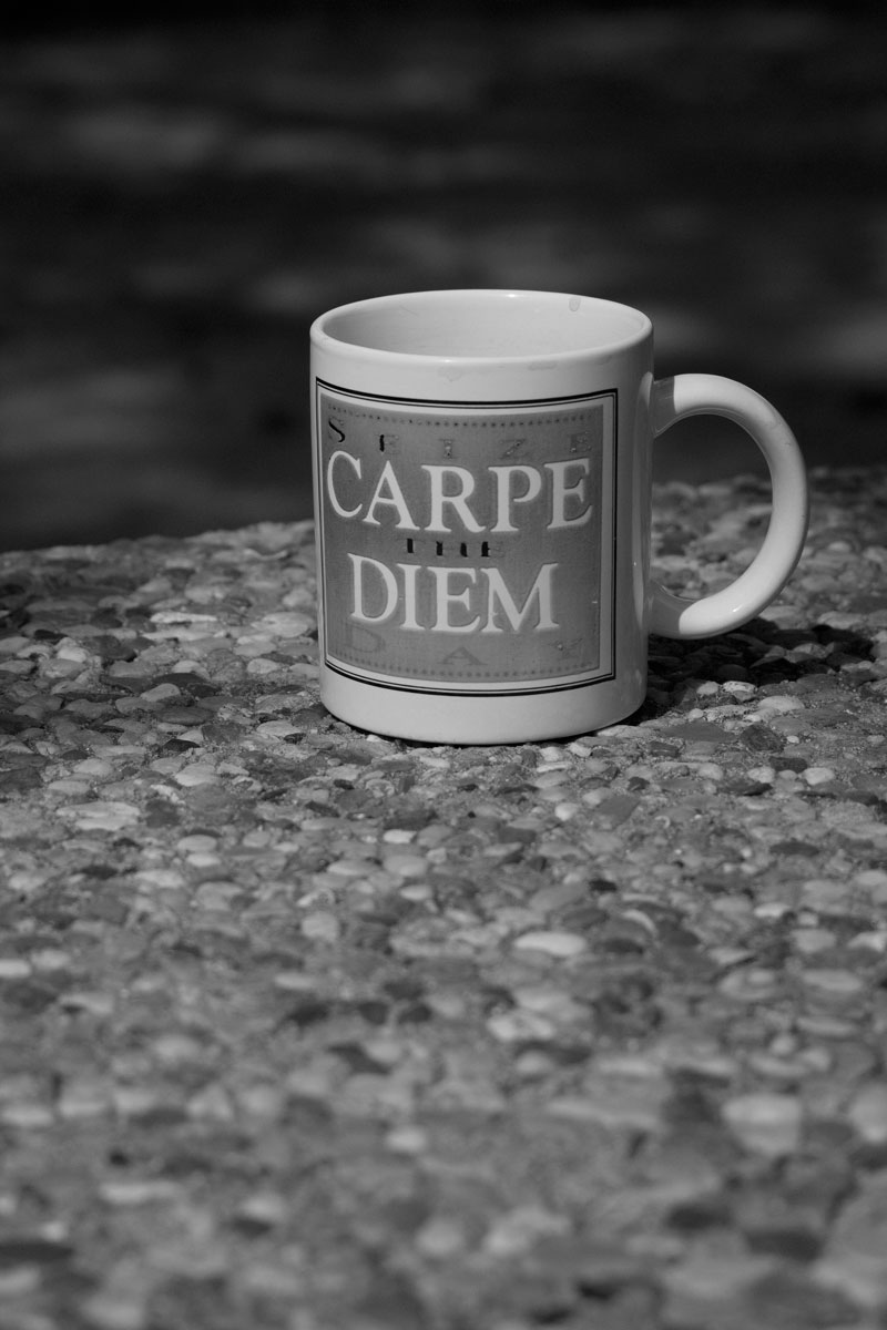 March 4, 2015:  Years ago, a friend gave me this cup.  It was popular after the release of the movie Dead Poet Society. Seeing it this afternoon, worn and stained on a rough-surfaced table, the poignancy of the meaning became more profound.  Still...life.