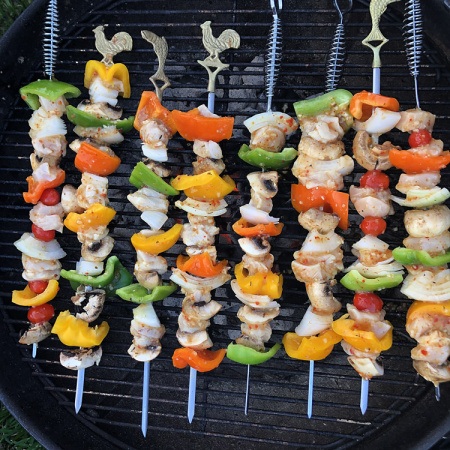 June 21   The beautiful colors of kabob ingredients before the cooking began made me think they were almost too beautiful to eat.  Almost. Tasty.