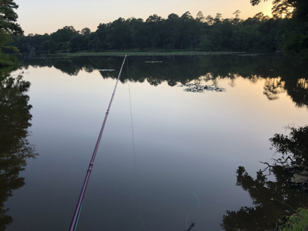 July 31   A river may not run through it, but a lake lays near it. Learning to fly fish on the lake near home for beautiful scenes (no fish yet) and relaxing times.
